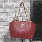 Michael Kors Jet Set Travel Large Chain Shoulder Tote – Cherry Red Leather, Gold Chain Straps