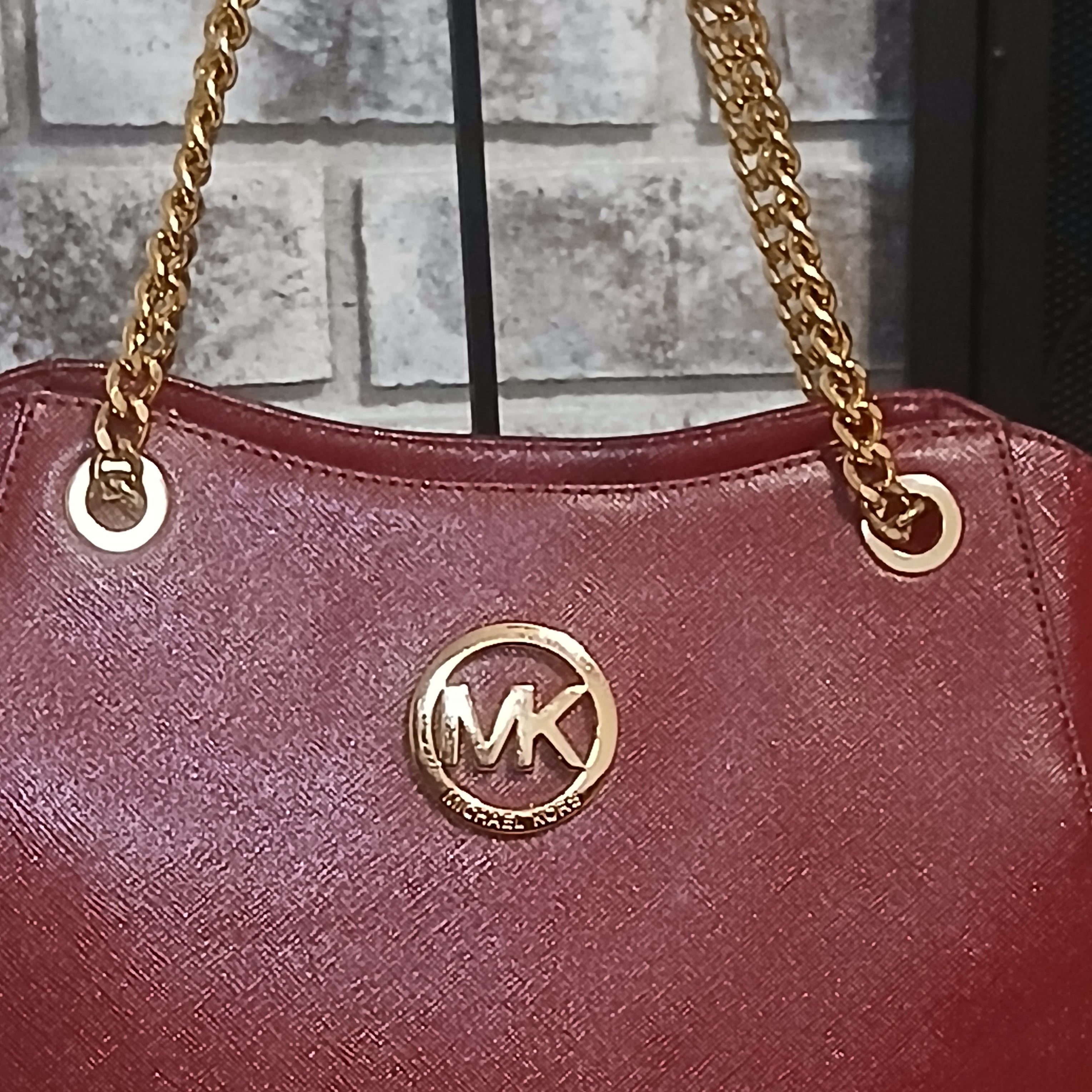 Michael Kors Jet Set Travel Large Chain Shoulder Tote – Cherry Red Leather, Gold Chain Straps