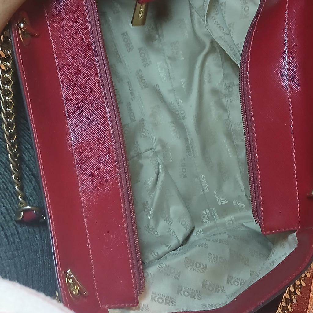 Michael Kors Jet Set Travel Large Chain Shoulder Tote – Cherry Red Leather, Gold Chain Straps