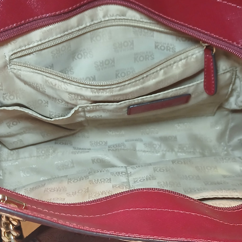 Michael Kors Jet Set Travel Large Chain Shoulder Tote – Cherry Red Leather, Gold Chain Straps