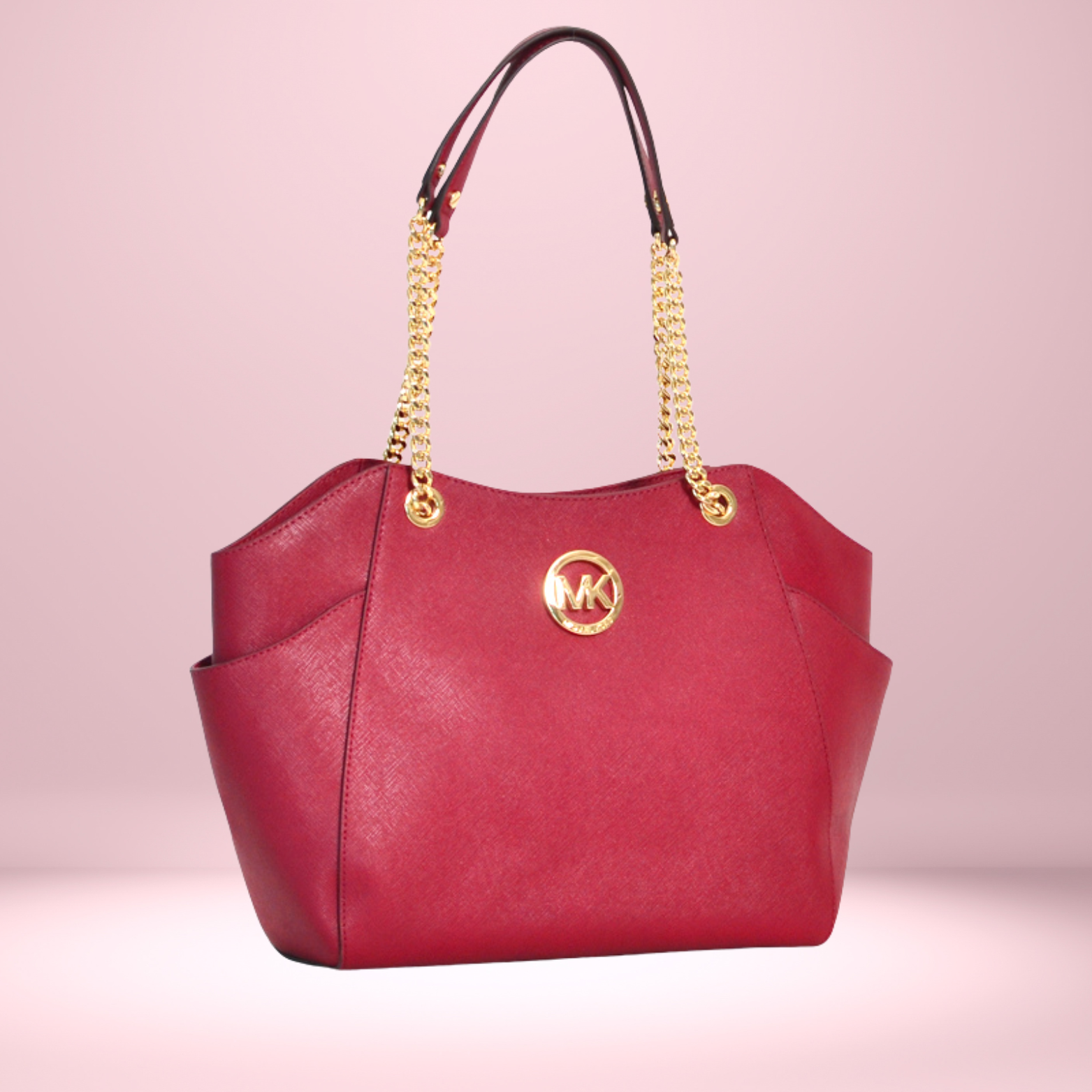 Michael Kors Jet Set Travel Large Chain Shoulder Tote – Cherry Red Leather, Gold Chain Straps