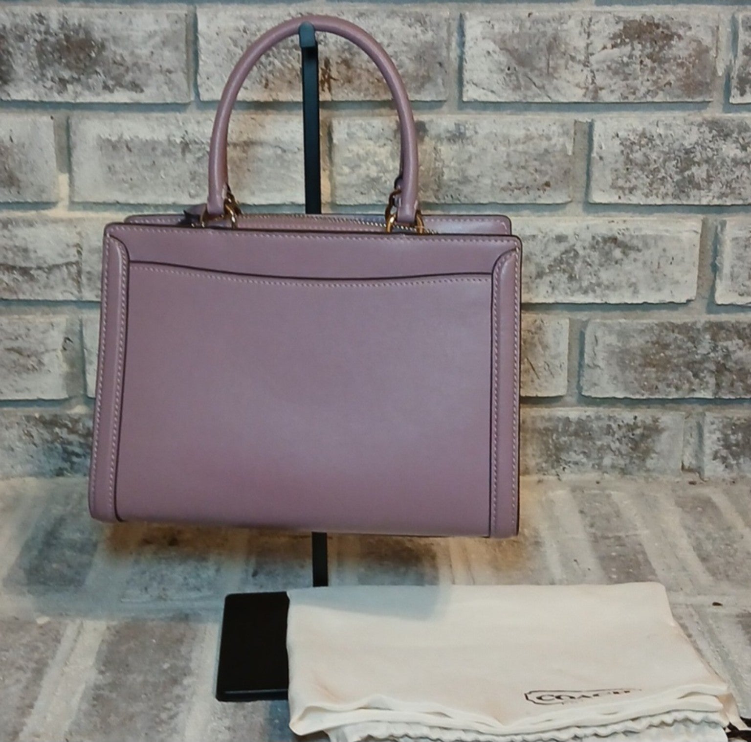 Coach Zoe Jasmine satchel in lavender, back view with dust bag