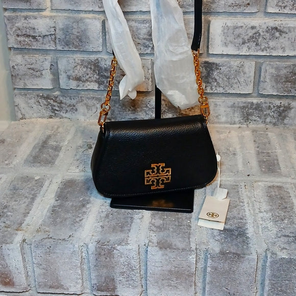 Tory Burch Black Pebbled Leather Crossbody Bag with Gold Logo - NWT Designer Purse