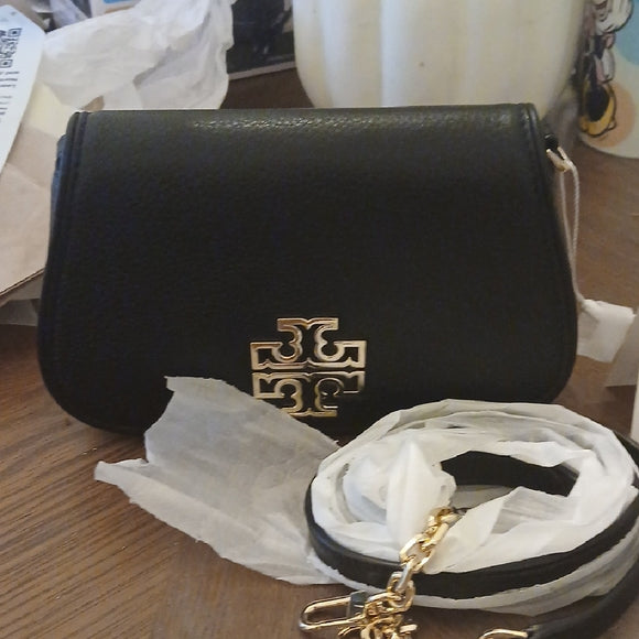 Tory Burch Black Pebbled Leather Crossbody Bag with Gold Logo - NWT Designer Purse