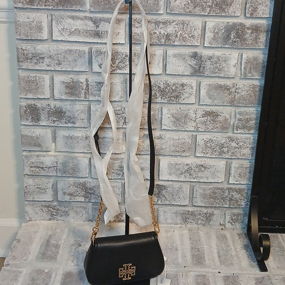 Tory Burch Black Pebbled Leather Crossbody Bag with Gold Logo - NWT Designer Purse